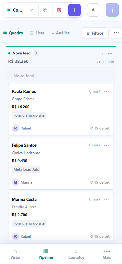 Tela real do funil do Prátis em celular